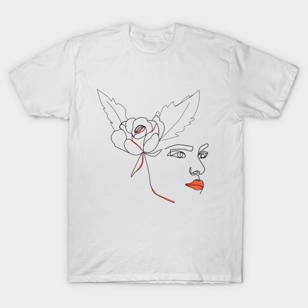 Minimal woman line art. One line woman face with rose flower. T-Shirt by CoCoArt-Ua